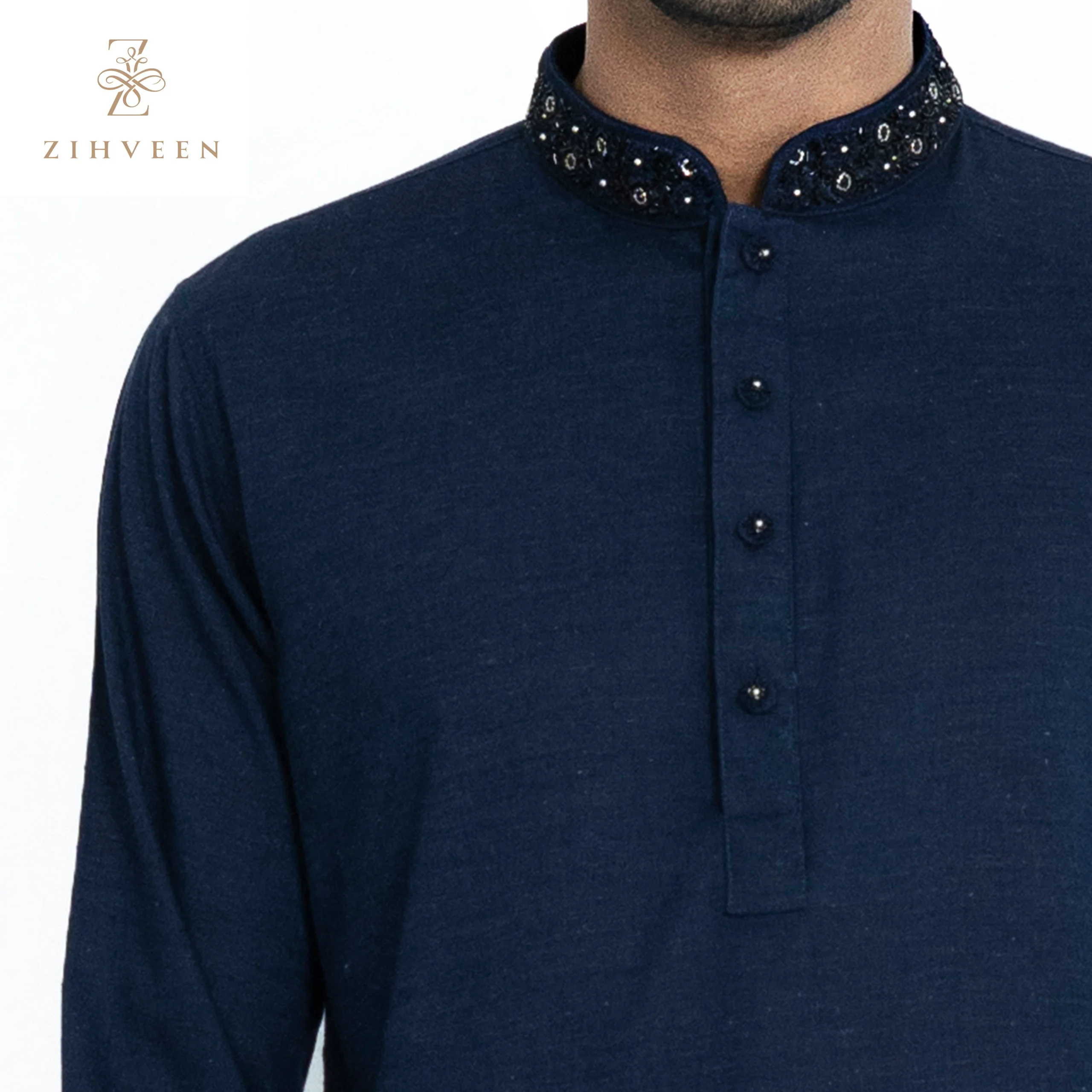 Navy Blue Collar Fusion Zardozi - ZVNBZ19A