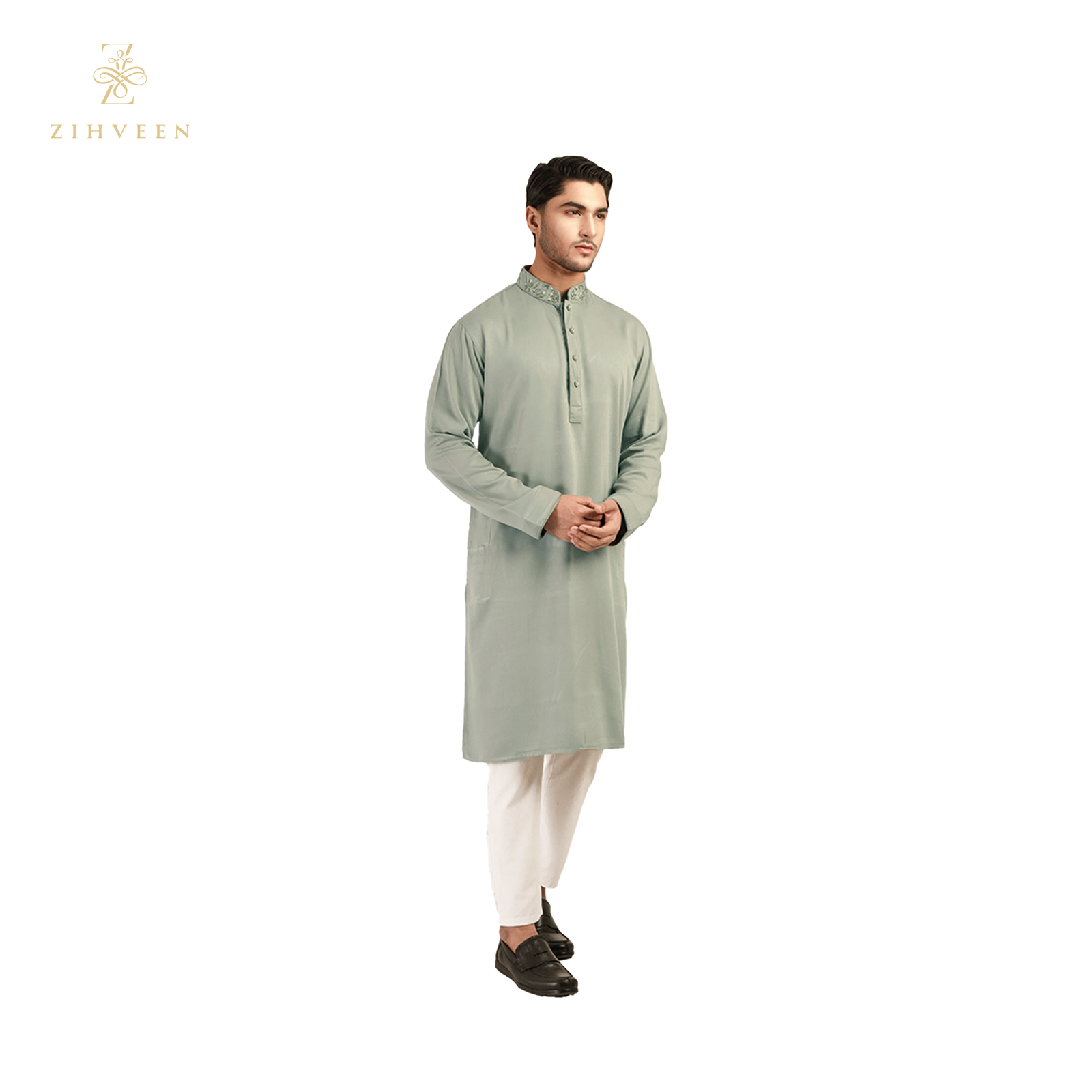 Laural green with collar zardozi - ZVLG2519E - view 3