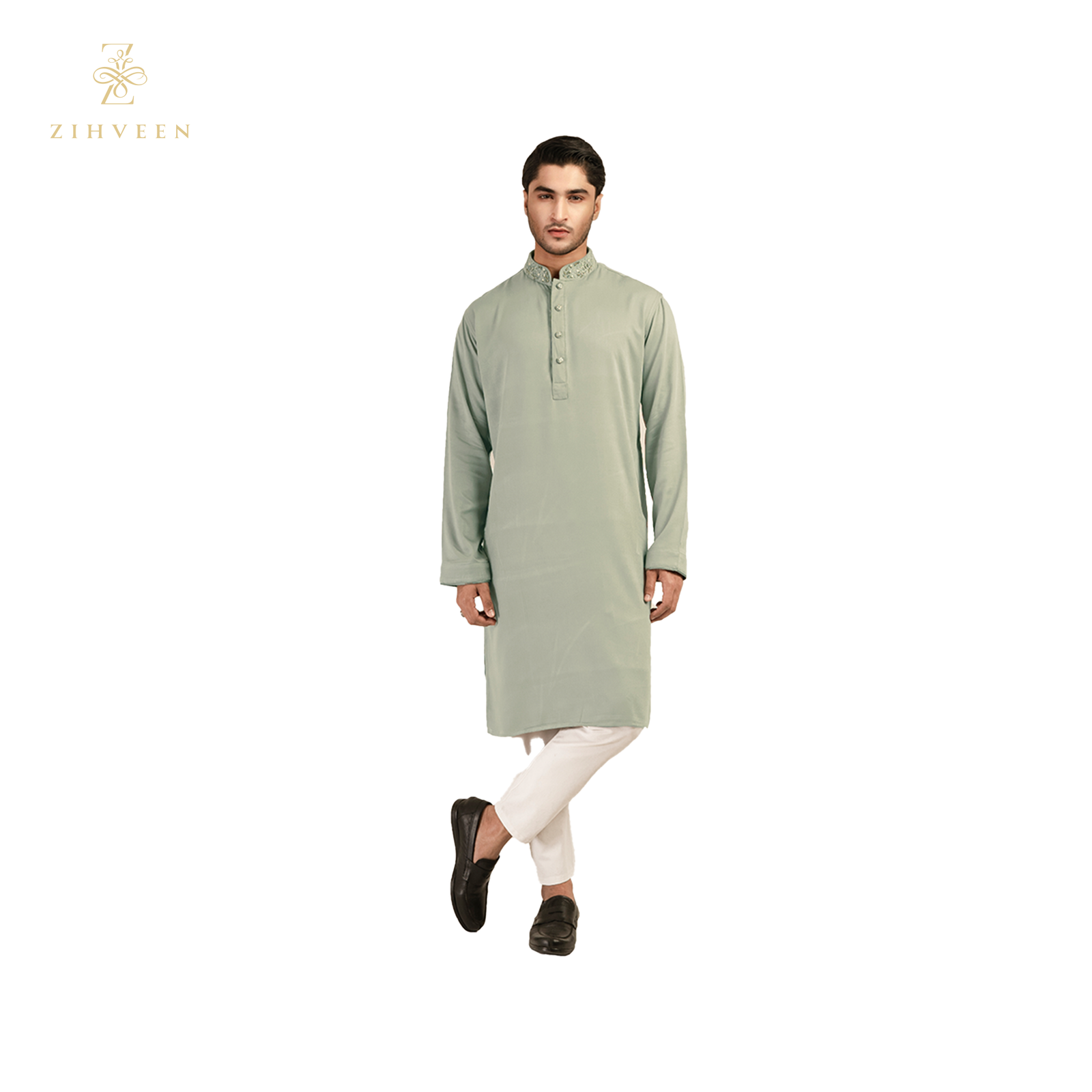 Laural green with collar zardozi - ZVLG2519E - view 2