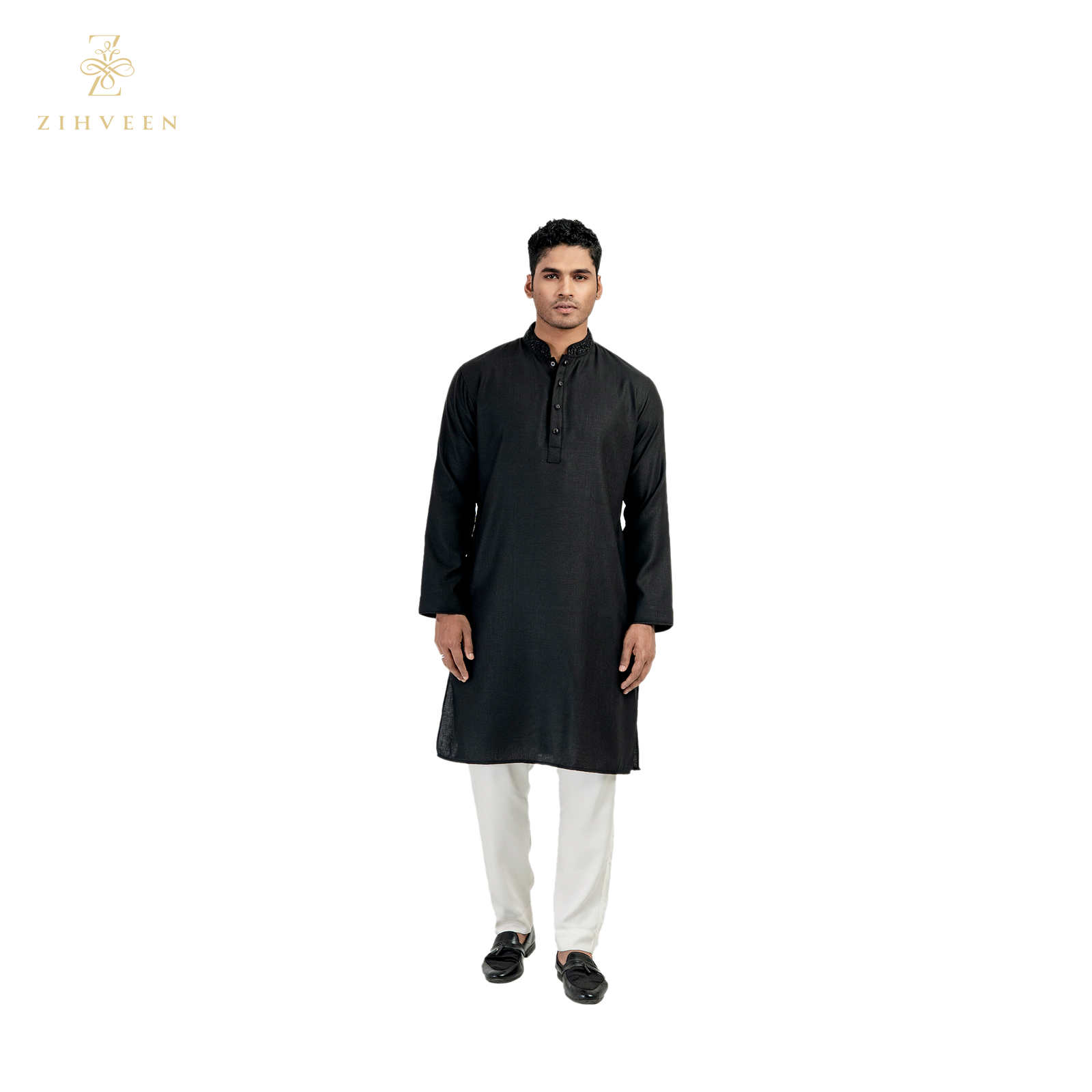 Elegant black with self color collar zardozi - ZVEB2508E - view 2