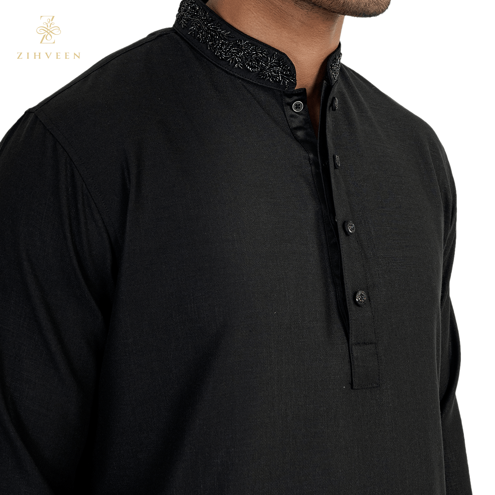 Elegant black with self color collar zardozi - ZVEB2508E - view 1