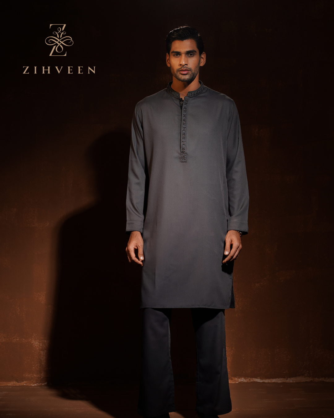 Paynes Gray with Elegant Collar and box plate Zardoji Co-ords set - view 2
