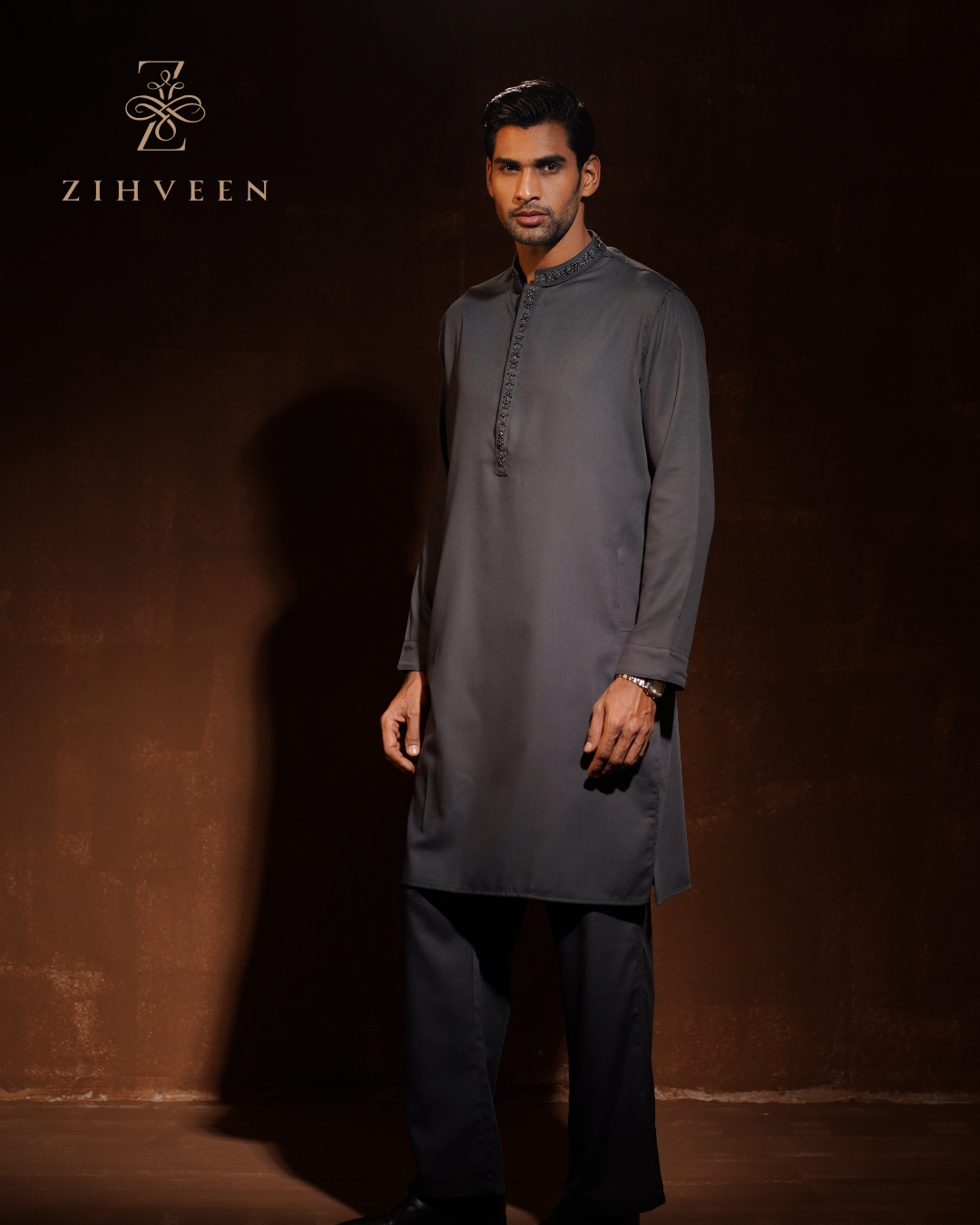 Paynes Gray with Elegant Collar and box plate Zardoji Co-ords set - view 3