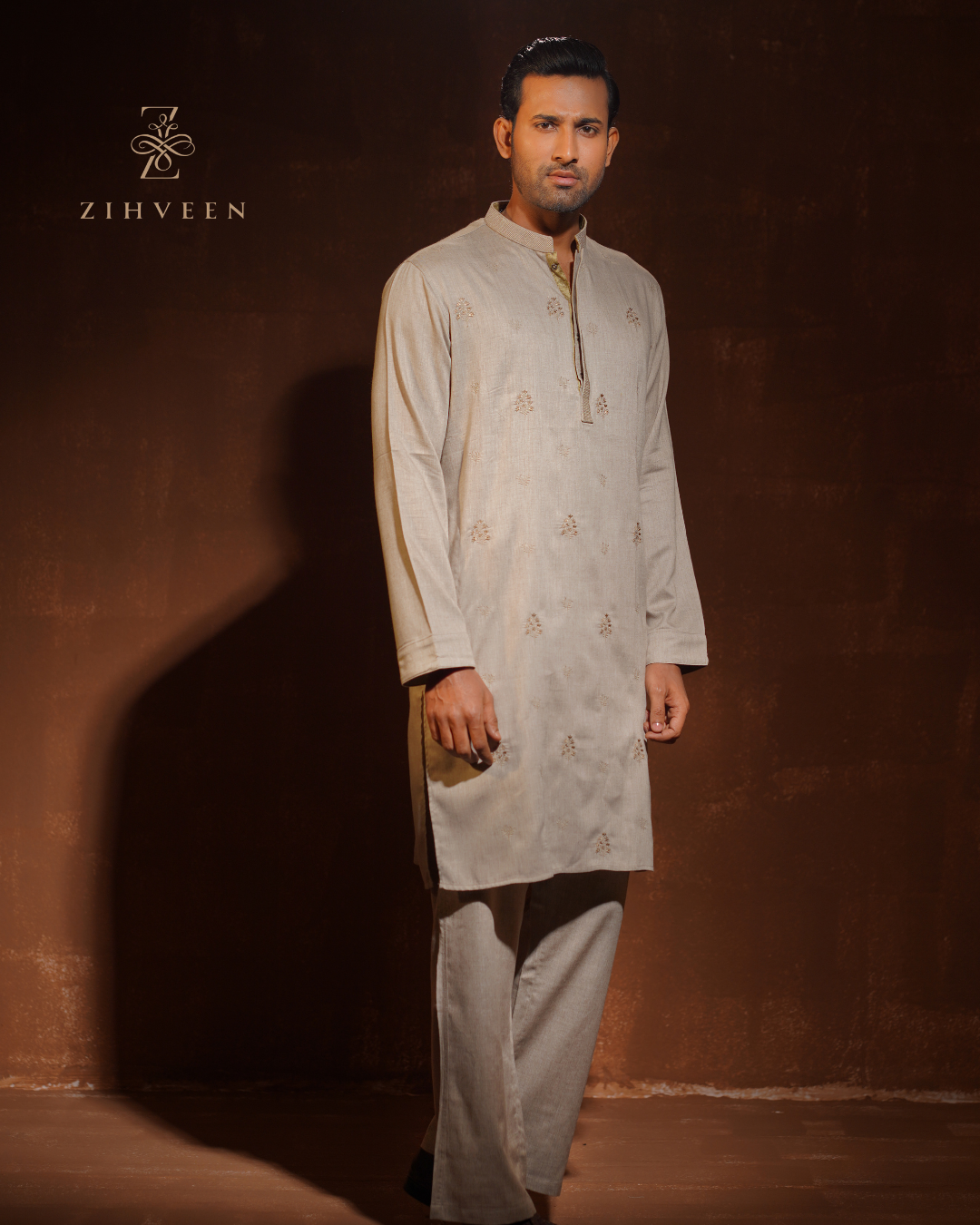 Malibu Beige color with allover different motif embroidery co-ords set - view 3