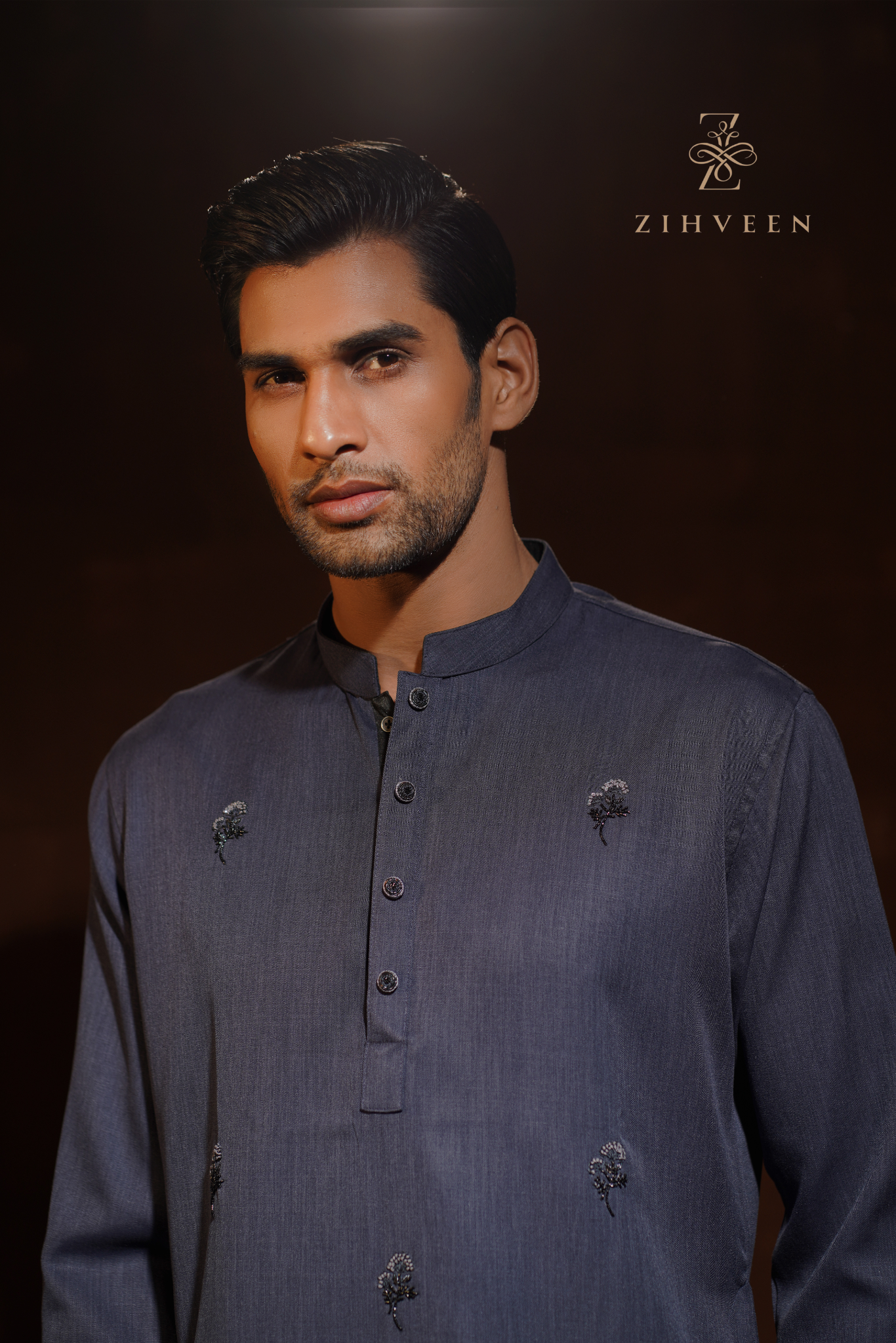 Navy Blue Panjabi with allover modish Zardoji