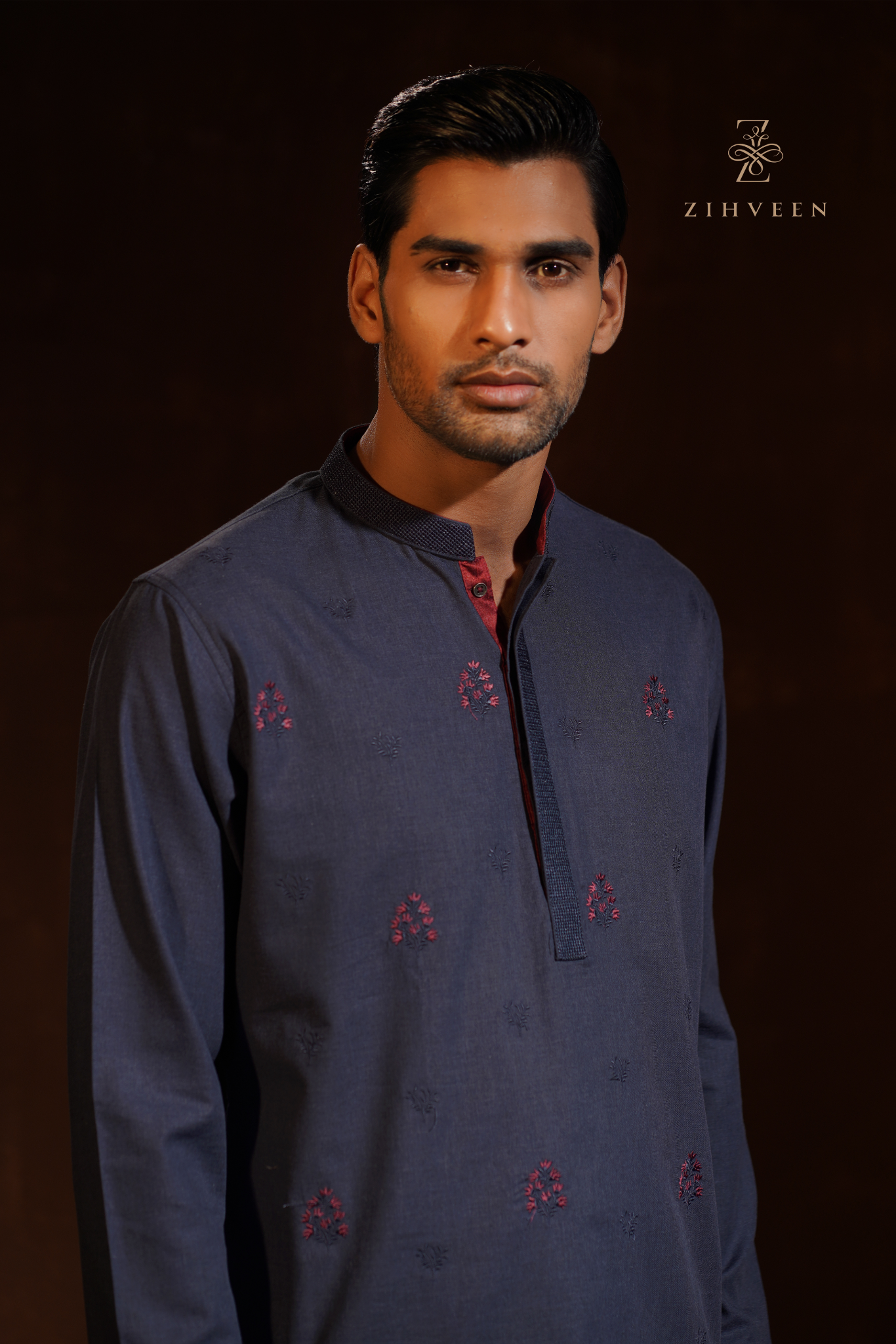 Midnight Blue with all over different embroidery motif