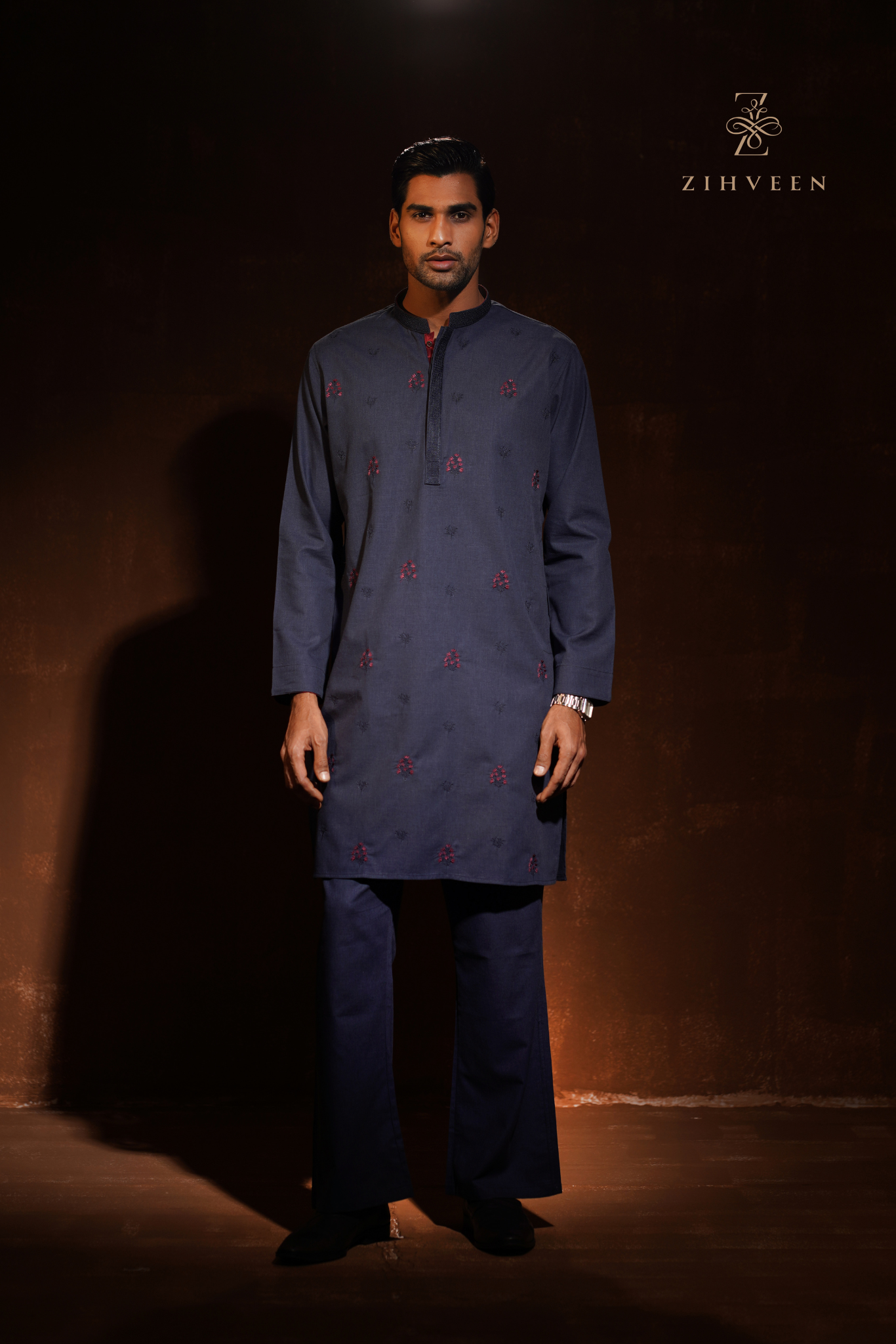 Midnight Blue all over different embroidery motif co-ords - view 2