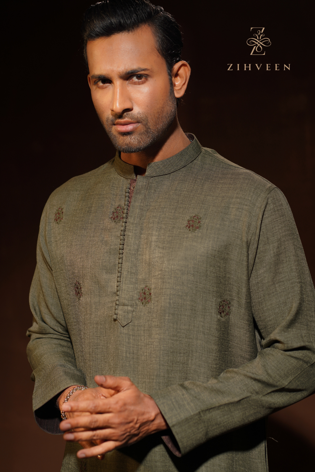 Hunter Green with allover motif embroidery - view 1
