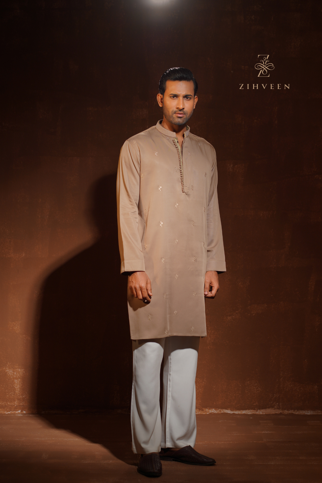Tan Golden with allover elegant sequin embroidery - view 3