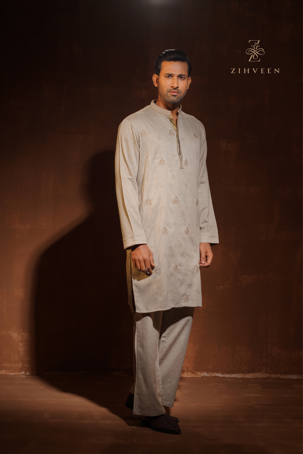 Malibu Beige color with allover different motif embroidery - view 2