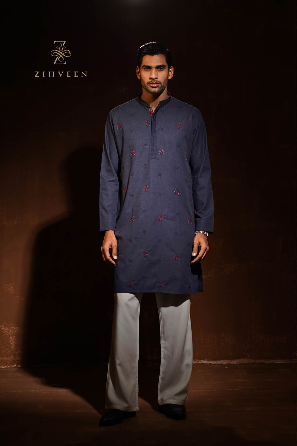 Midnight Blue with all over different embroidery motif - view 2