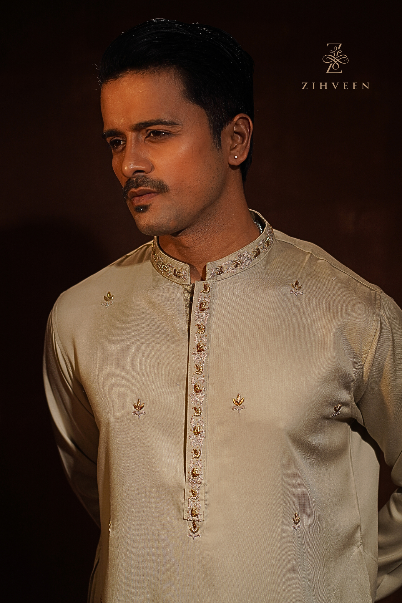 Exclusive Celadon gold with allover motif zardoji & collar-button zardoji