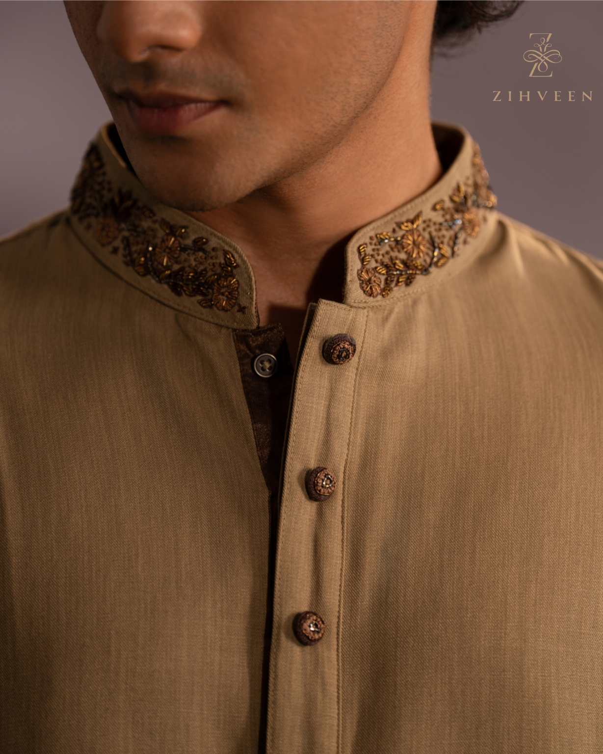 Tortilla Brown with Elegant zardoji work in Collar and button