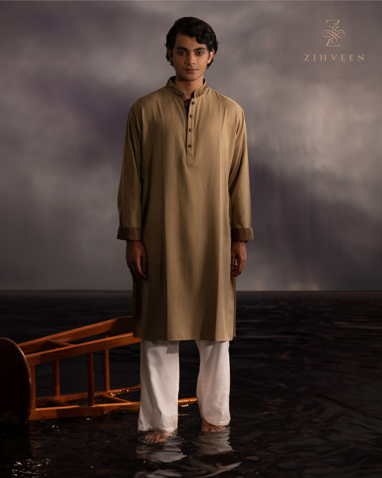 Tortilla Brown with Elegant zardoji work in Collar and button - view 3