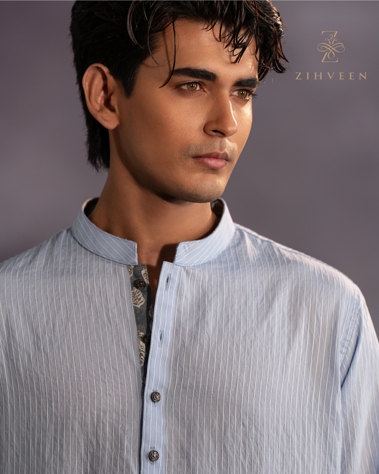Crystal Mist Blue with elegant white stripe and elite metal button