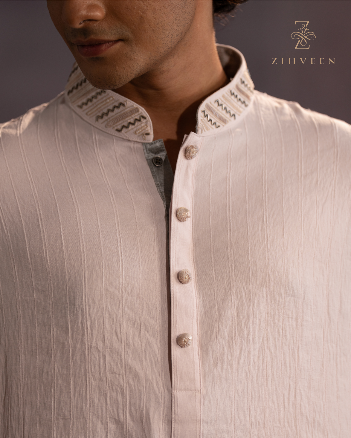 Soft elegant pink in self stripe with collar & button Zardoji - view 2