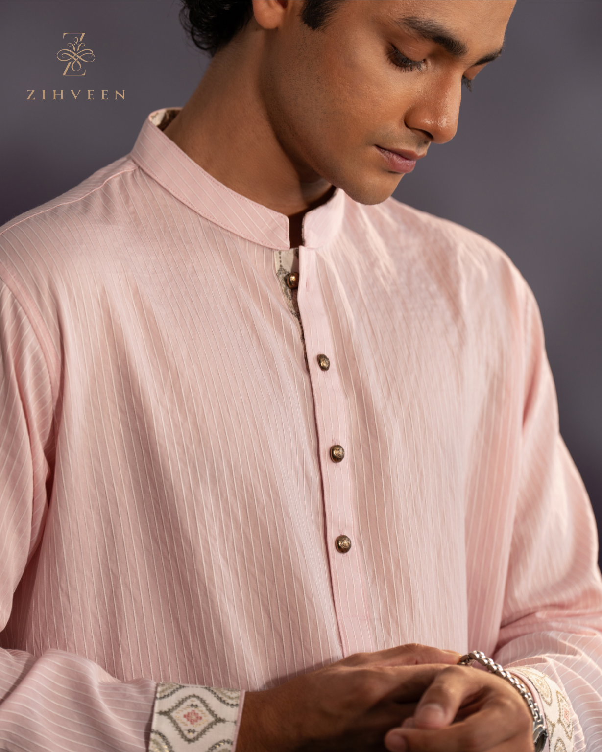 Pastel pink alongside white Stripe with elegant button