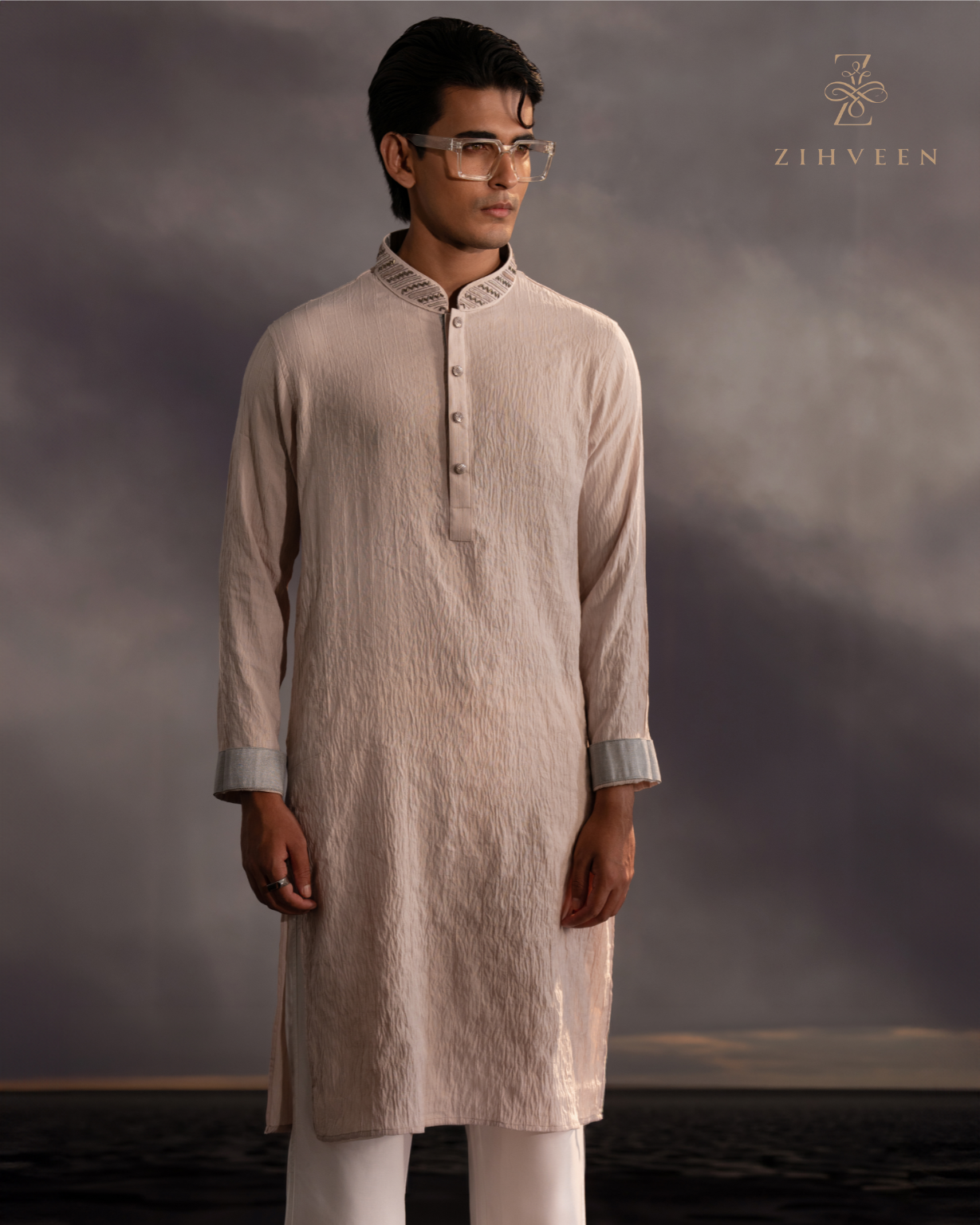 Blanched almon stripe with Exquisite collar & button Zardoji - view 2