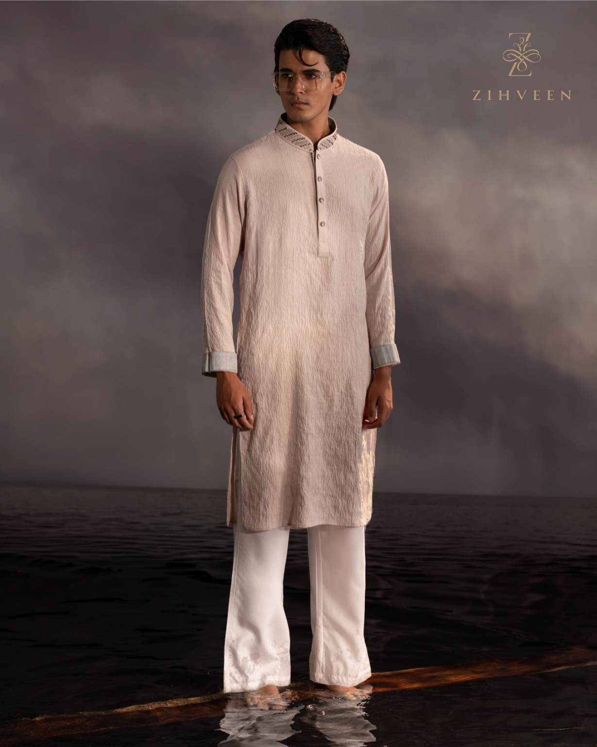 Blanched almon stripe with Exquisite collar & button Zardoji - view 3
